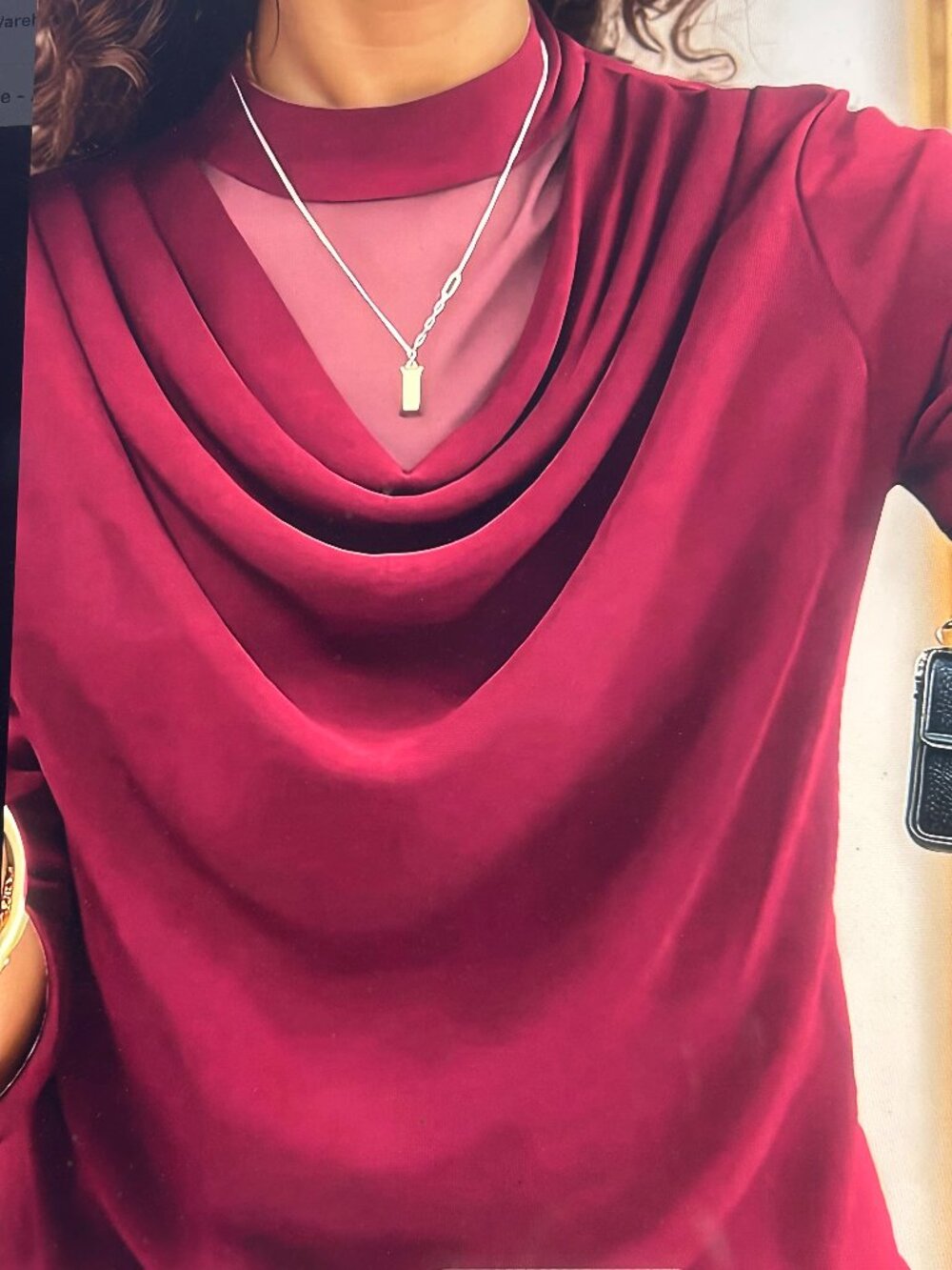 NWOT! Solid Color Cowl Neck Mesh Panel Burgundy Long Sleeve Tunic/Top ~ Size XL